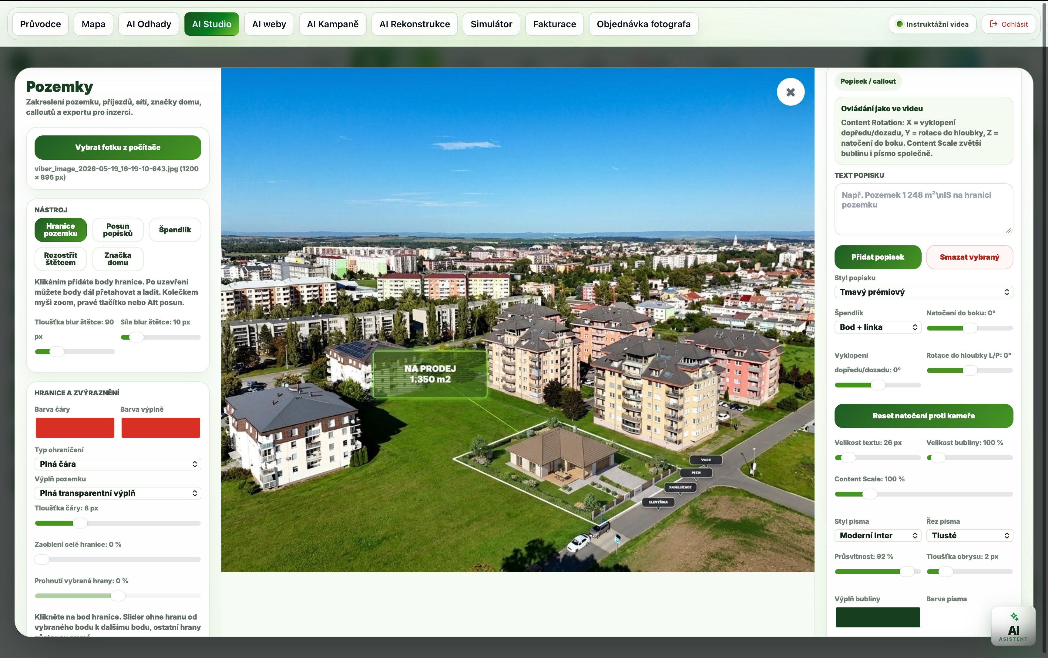 Reálný screenshot AI Studia pro zákres pozemků, hranic, popisků, špendlíků a realitních calloutů do fotografie