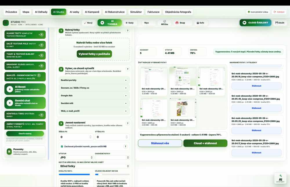 Reálný screenshot postprodukce fotografií nemovitosti, komprese souborů a uložení do cloudových šablon