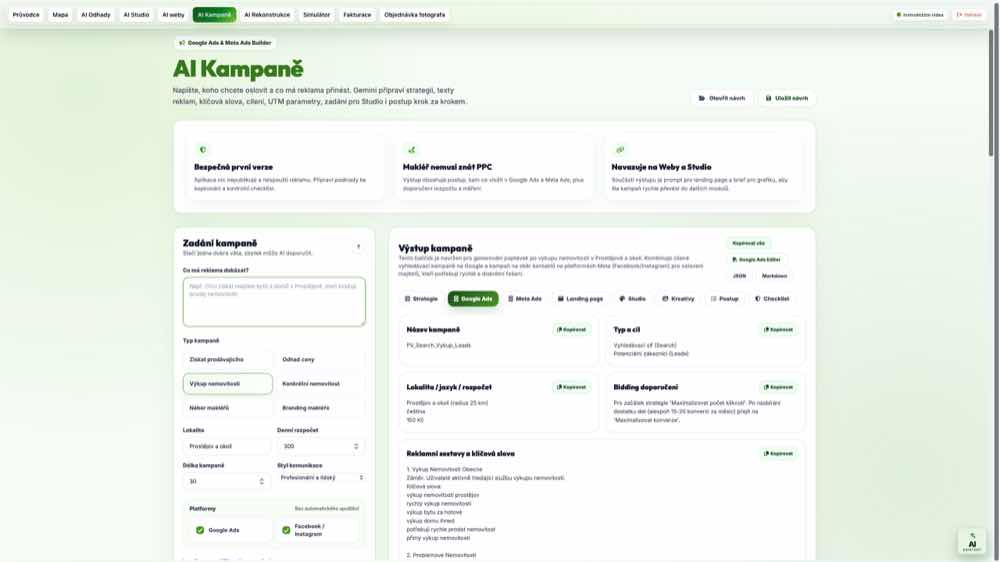 Reálný screenshot AI Kampaně pro Google Ads, Meta Ads, landing page brief, klíčová slova a marketingový postup makléře