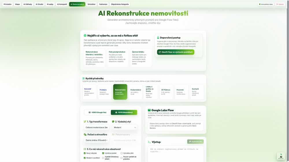 Reálný screenshot AI Rekonstrukce nemovitostí pro vizualizace, virtuální homestaging a realitní prezentaci