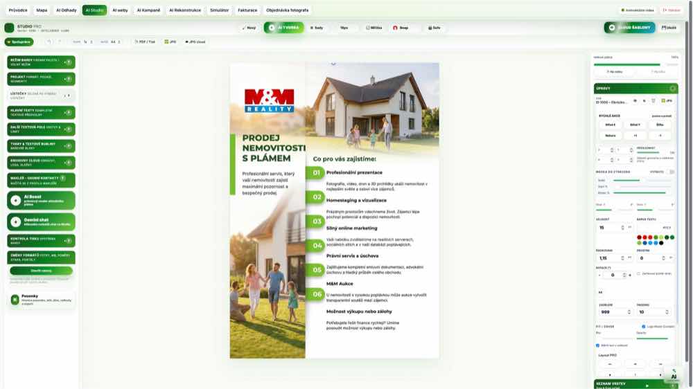 Reálný screenshot AI Studia pro tvorbu realitního letáku, práci s vrstvami, šablonami, logem a exporty
