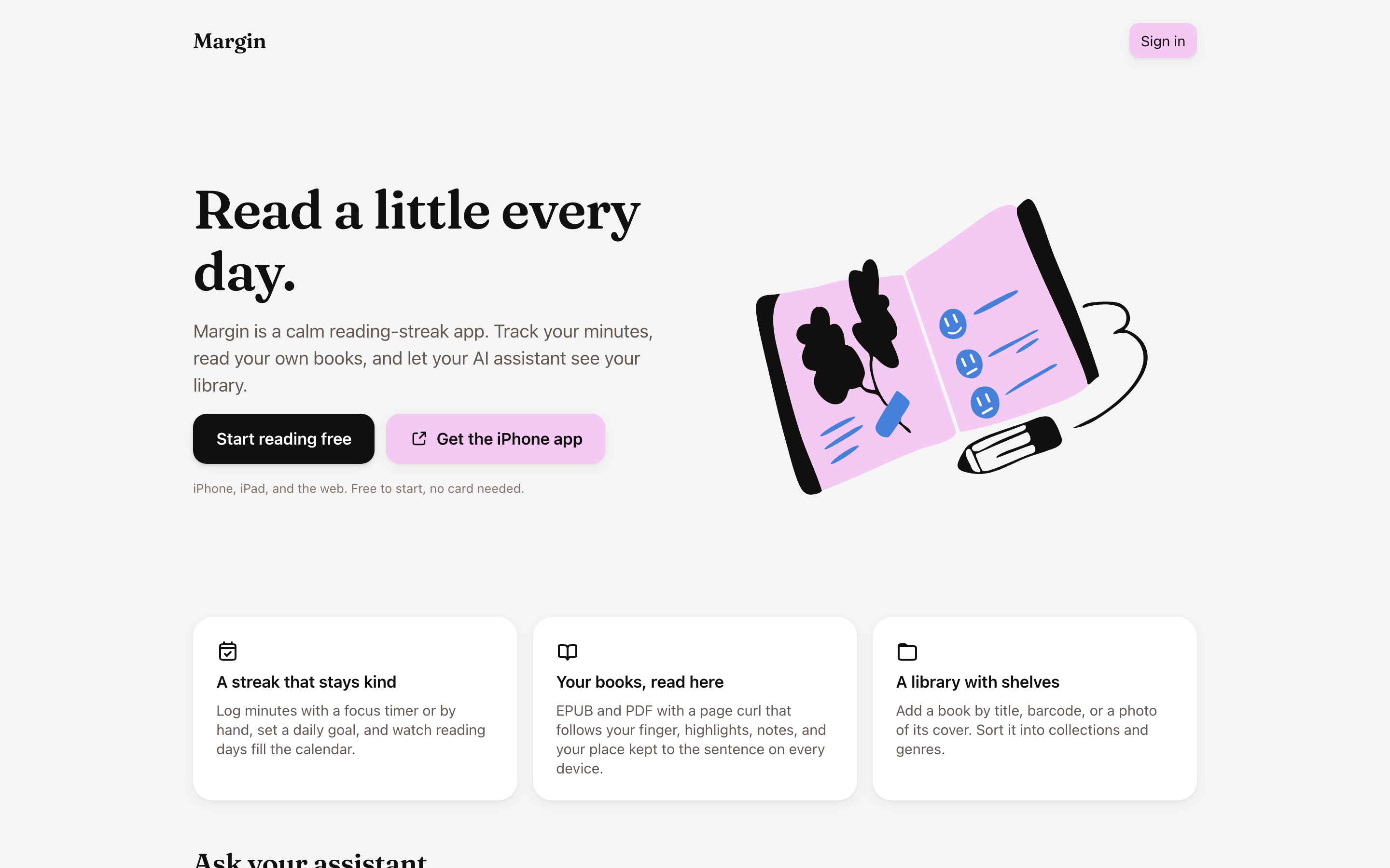 Margin - Reading Streak App with a Native Page-Curl Reader and MCP Server preview