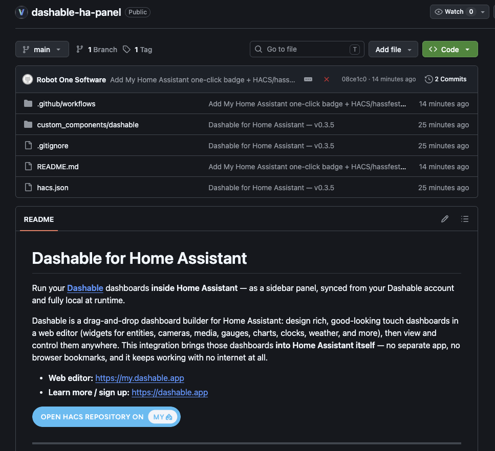 Dashable panel open inside the Home Assistant sidebar