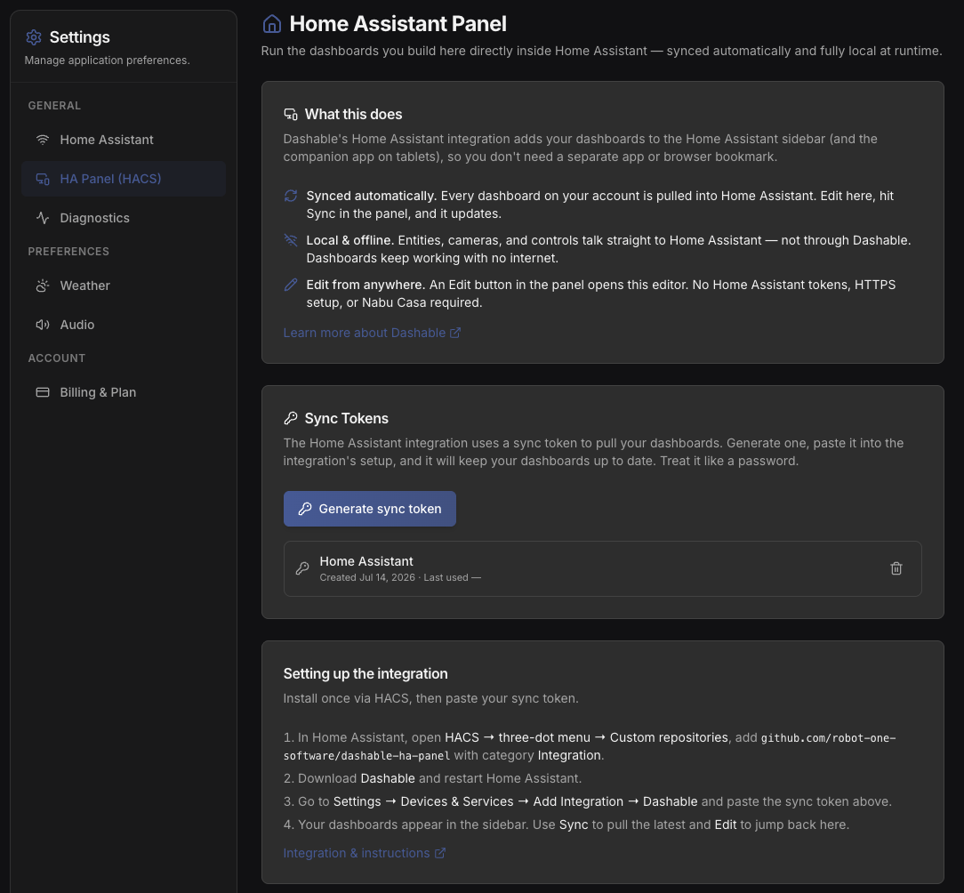 Installing the Dashable integration from HACS