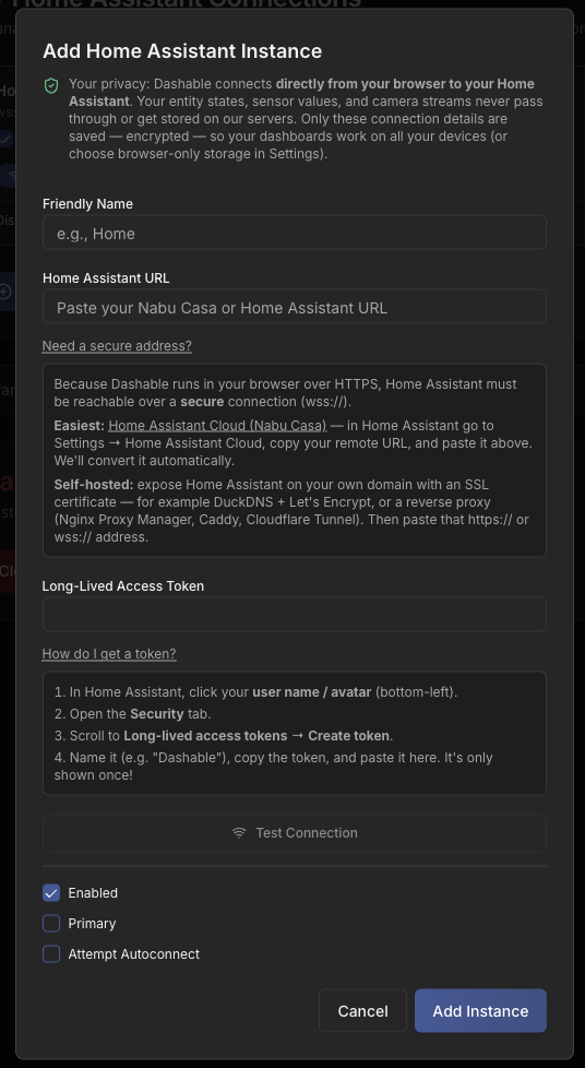 Dashable secure connection setup