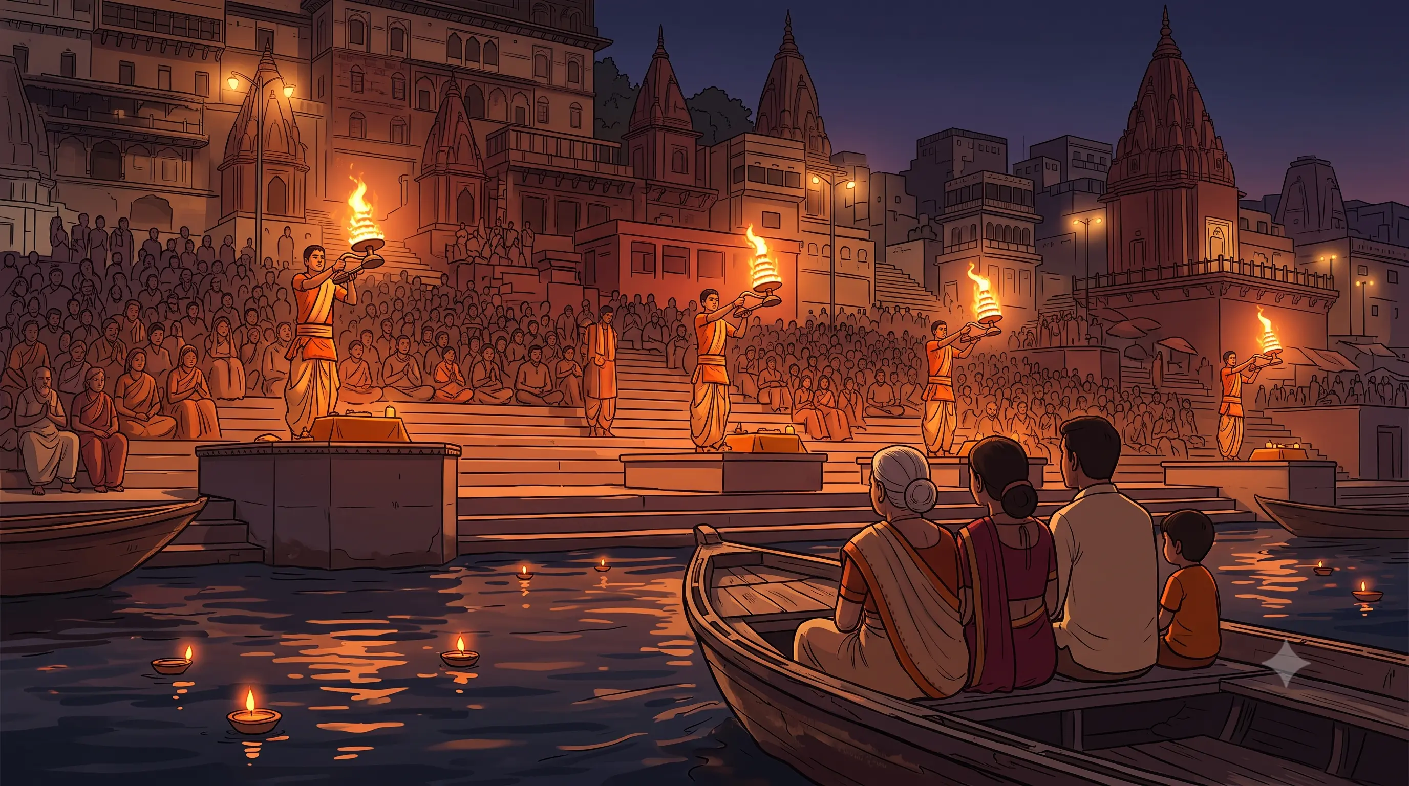 Evening Ganga Aarti at Dashashwamedh Ghat in Varanasi seen from a boat on the river