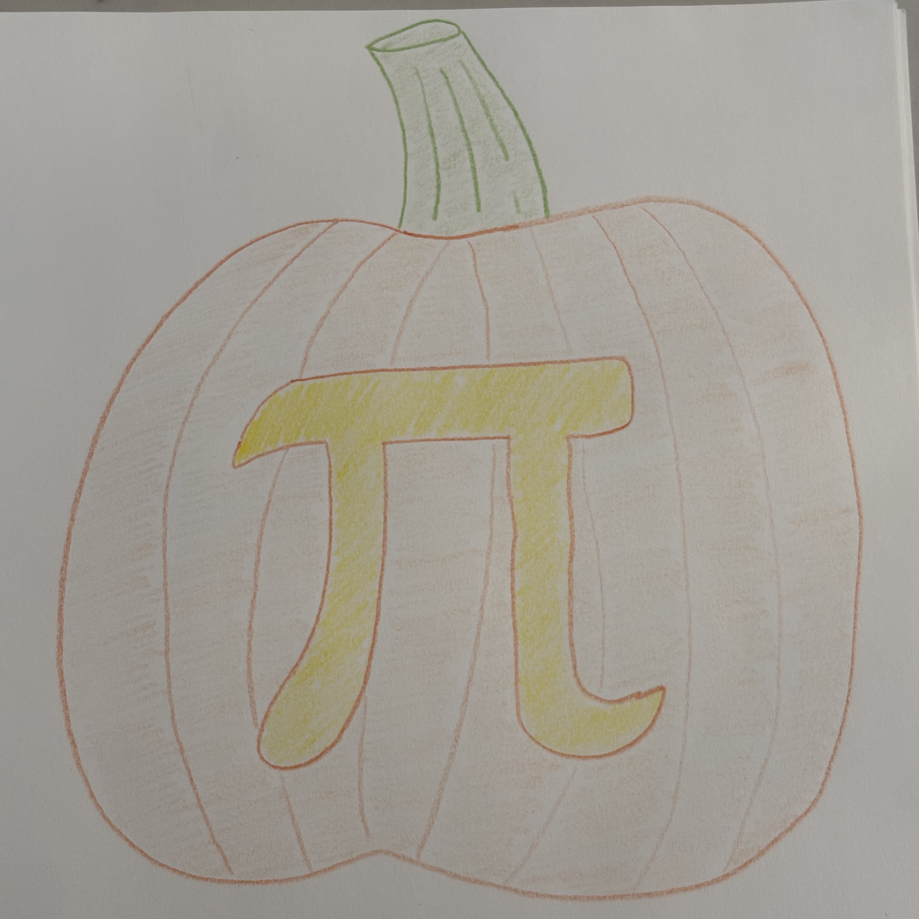 Hand-drawn pumpkin with pi symbol on it drawn in colored pencil on sketch paper