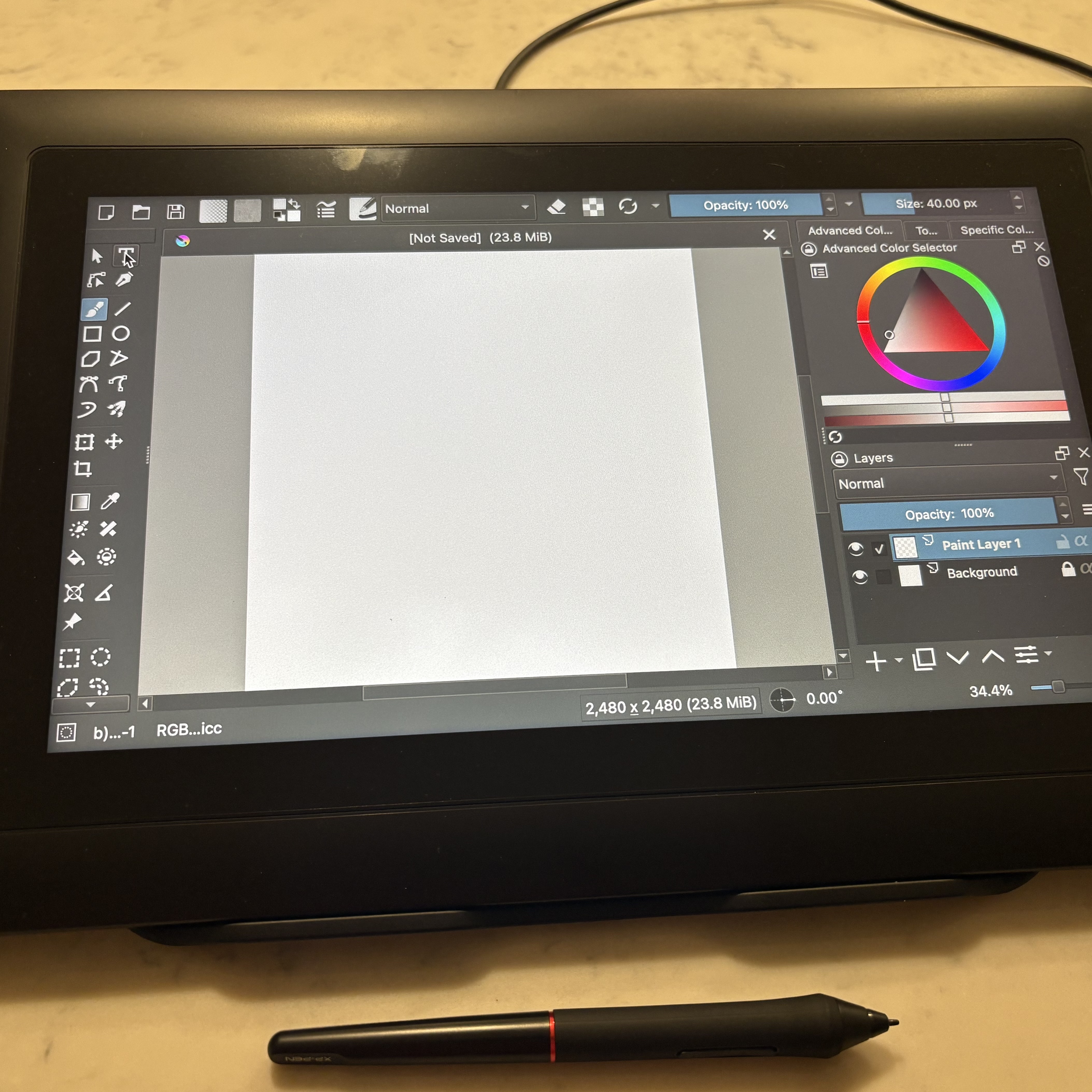 Picture of Krita program open on drawing pad with blank document showing