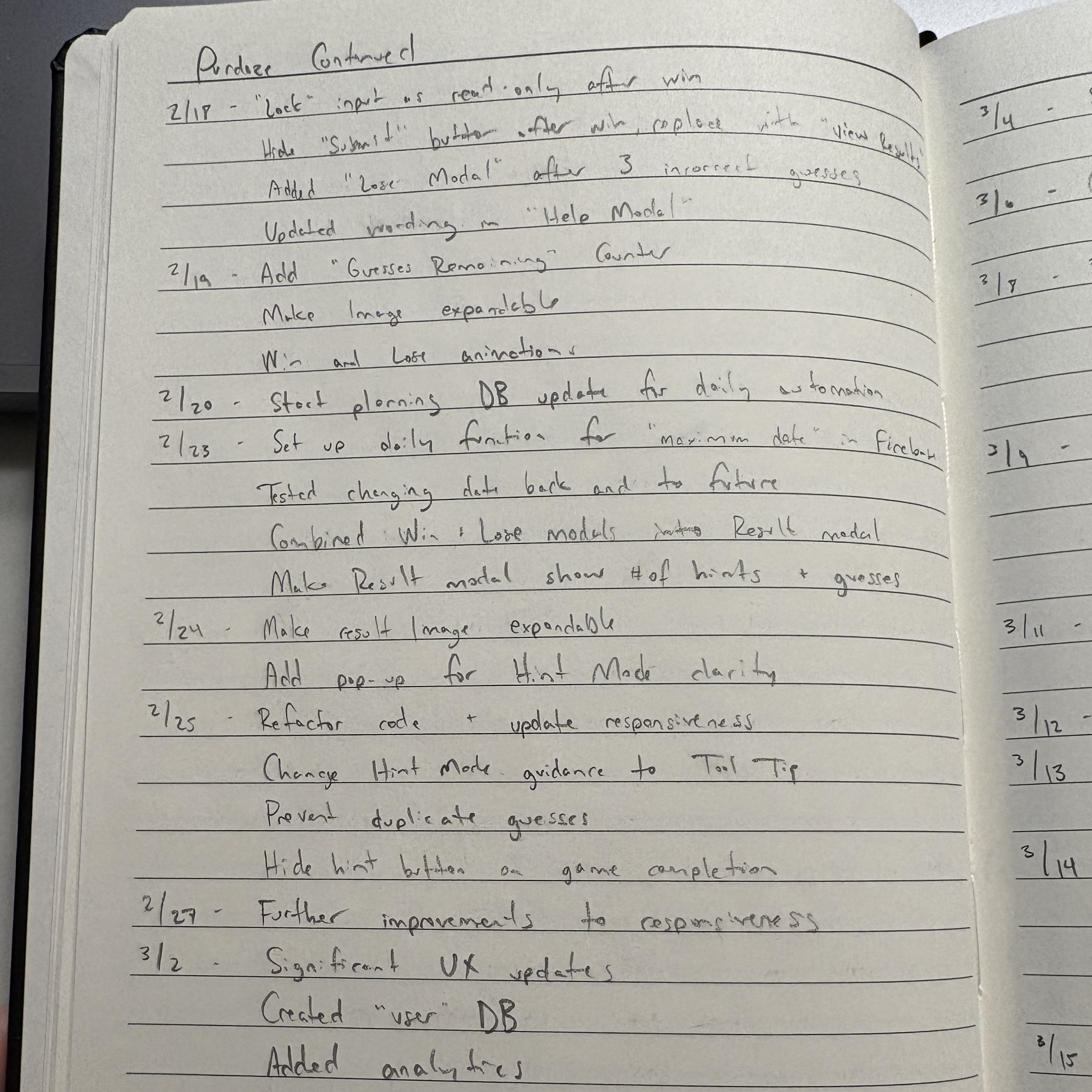 Picture of a notebook with entries from February 18th through March 2nd visible