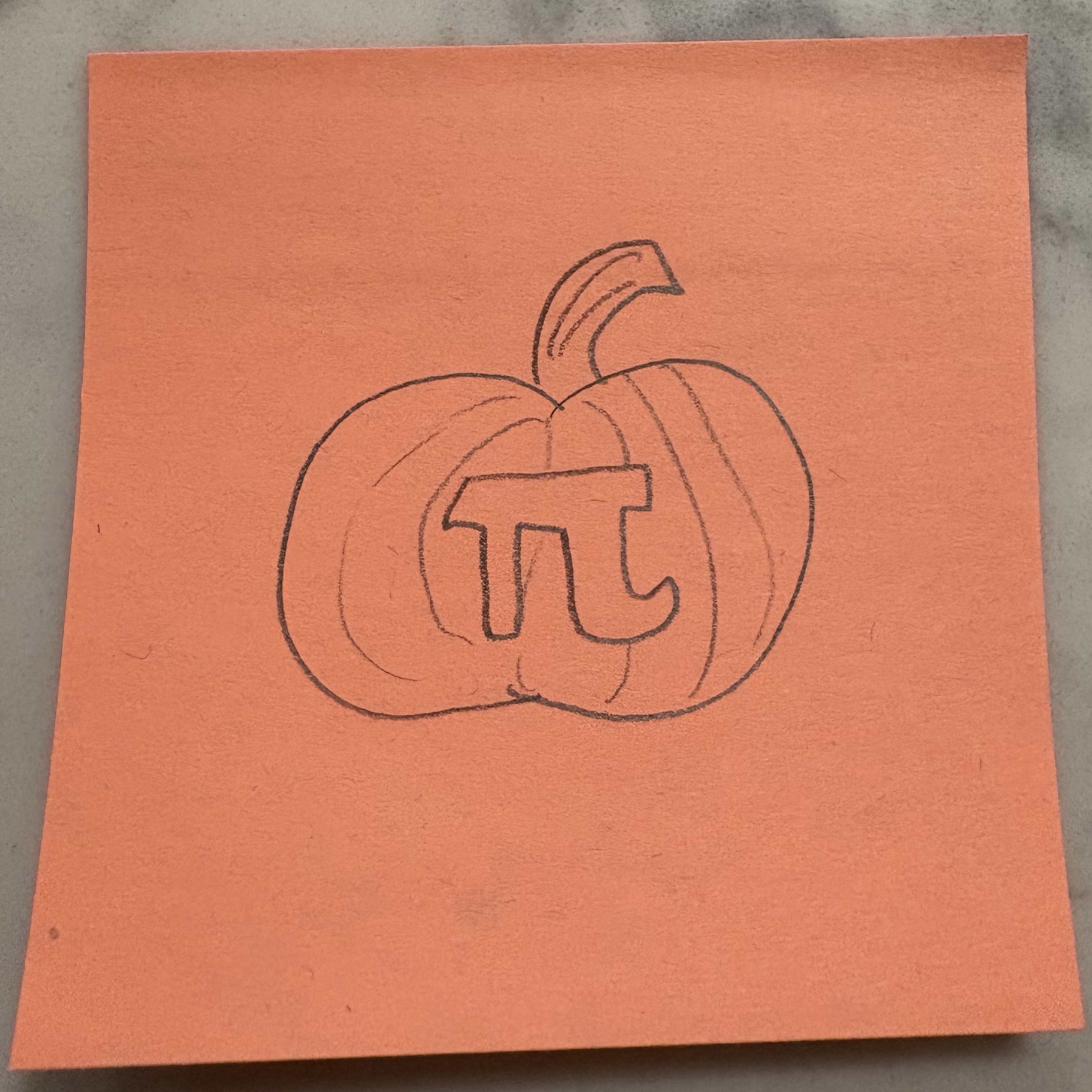Roughly sketched pumpkin with pi symbol on it drawn in pencil on a sticky note