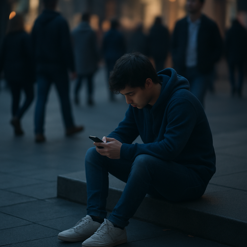 A solitary person looking out over a city, symbolizing loneliness and the search for connection in a disconnected world.