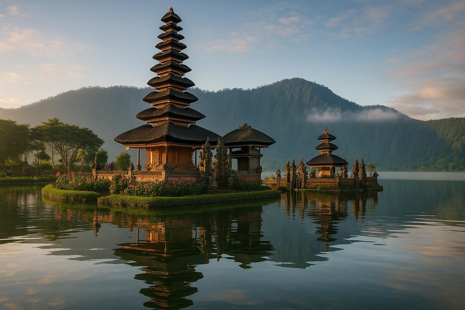 The iconic Pura Ulun Danu Bratan temple on the serene waters of Lake Bratan in Bali, reflecting the island's spiritual harmony.