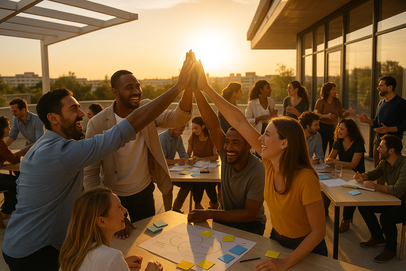 A group of diverse people working together in a circle, symbolizing unity and collaboration.