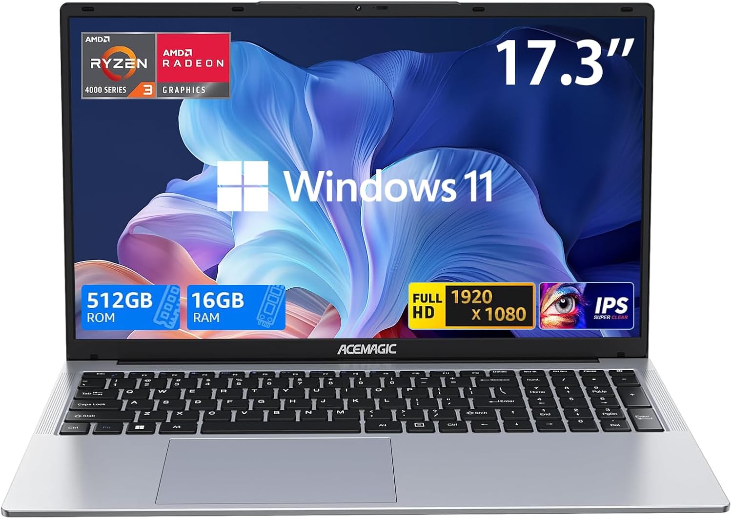 【N95より速い】2026新型 ACEMAGIC 17.3インチ ノートパソコン Ryzen 4300U 最大3.7GHz 4C/4T ノートPC 16GB+512GB SSD 1080PフルHD Laptop Win11 Pro Webカメラ Type-C 静音 高速熱放 NoteBook