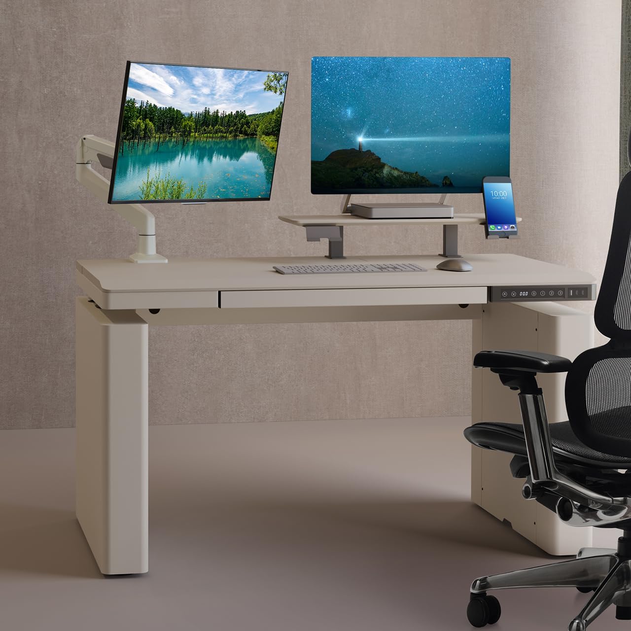 WALL LX1 昇降デスク 電動 オフィスワークテーブル スタンディングデスク 幅140cm 耐荷重80kg 高さメモリー機能 上下自動昇降 静音 引き出し付き テレワーク在宅 EQUALS ペールベージュ
