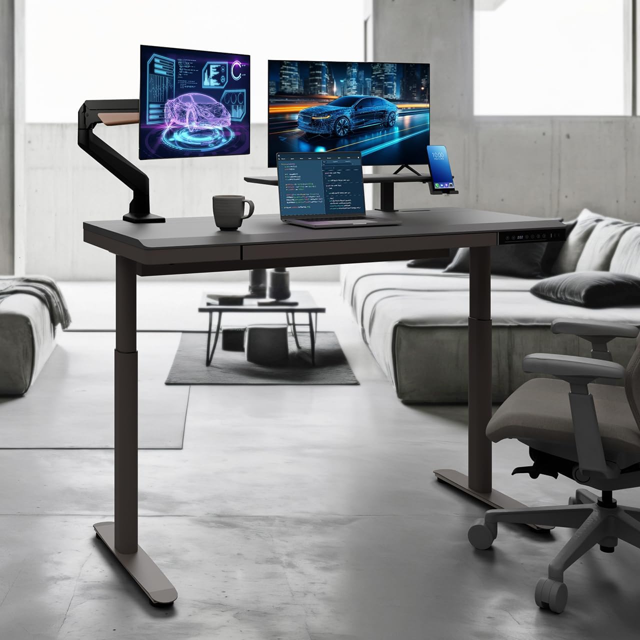 WALL ST1 昇降デスク 電動 オフィスワークテーブル スタンディングデスク 幅120cm 耐荷重80kg 高さメモリー機能 上下自動昇降 静音 引き出し付き テレワーク在宅 EQUALS チャコールグレー