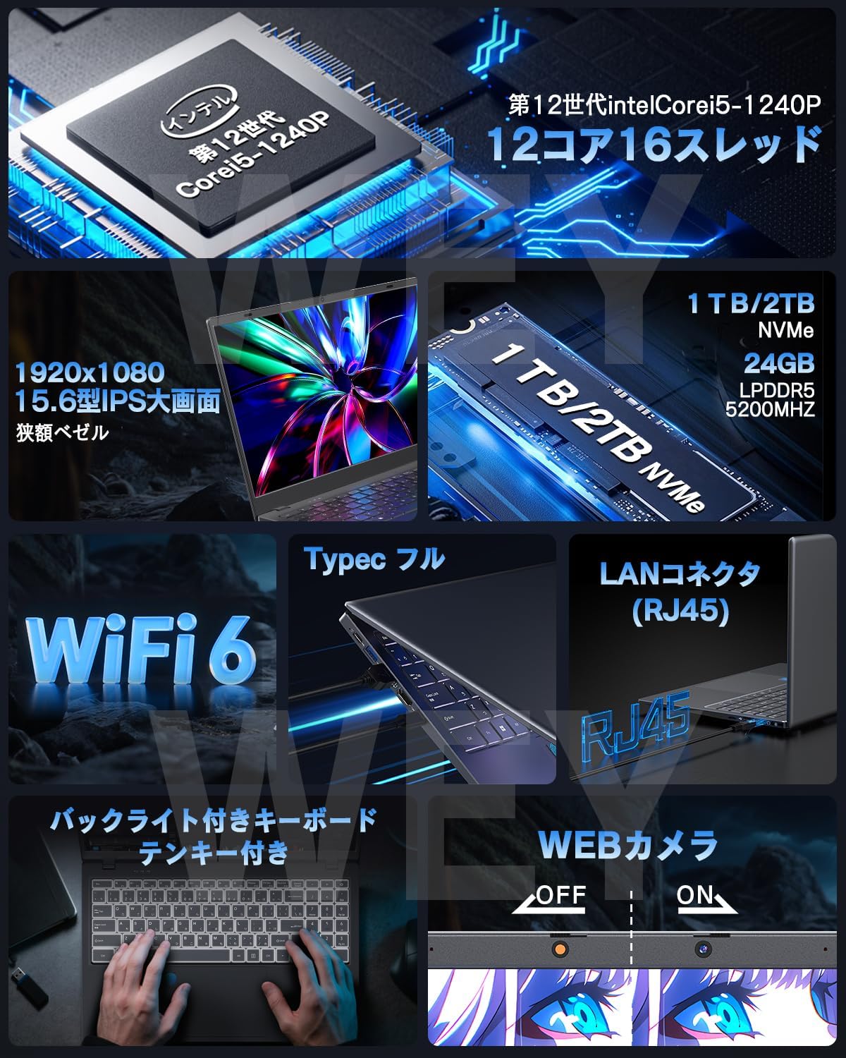 WEY ゲーミングノートパソコン Core i5 1240P 【Office 2024搭載】 15.6インチ Windows 11 - 4