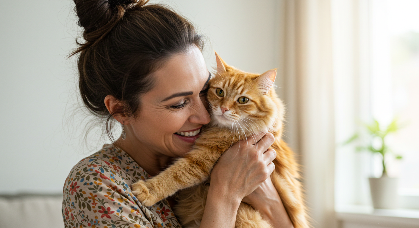 Woman lovingly holding a ginger cat