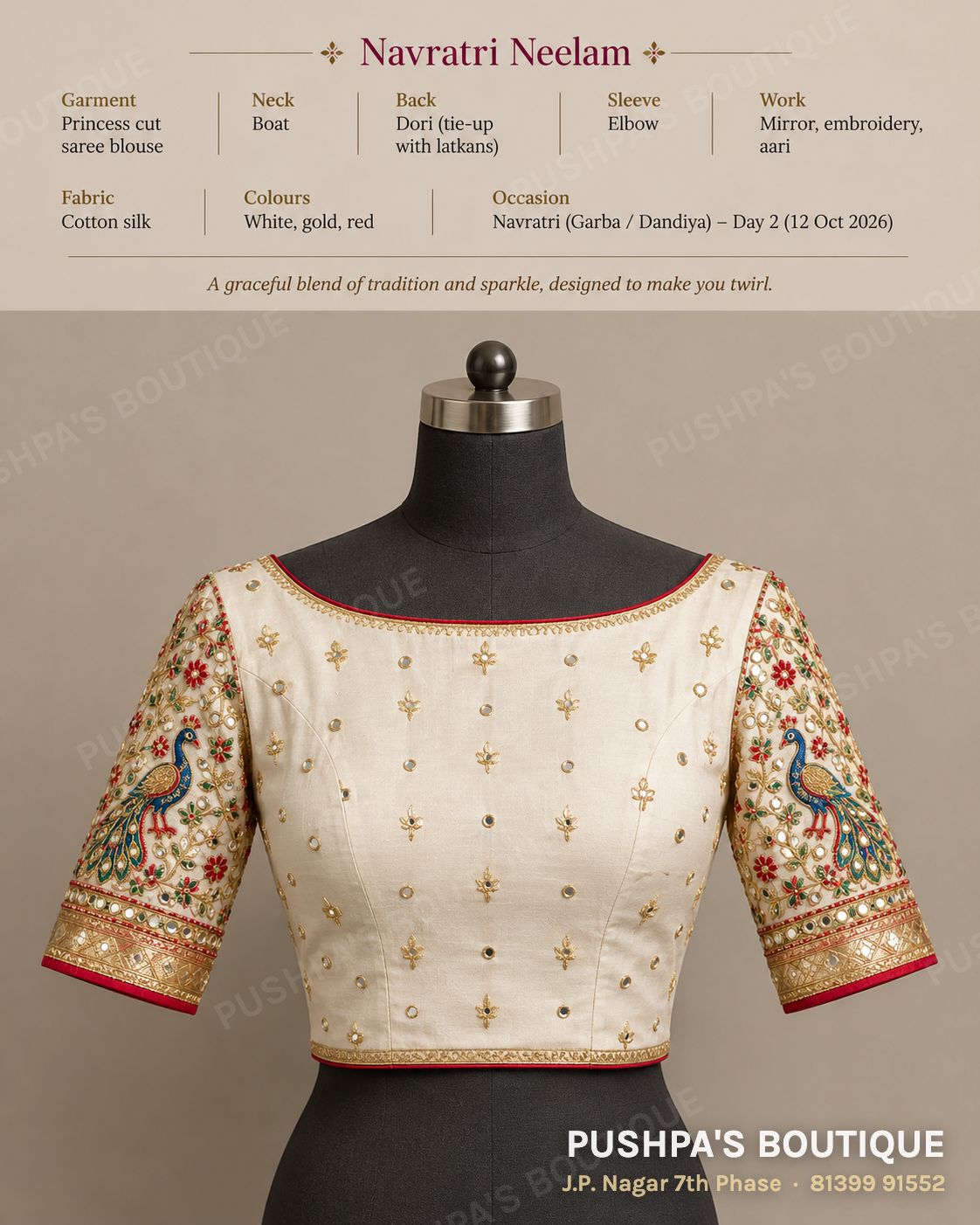 Princess cut blouse PB-009, boat neck, dori back, elbow sleeve