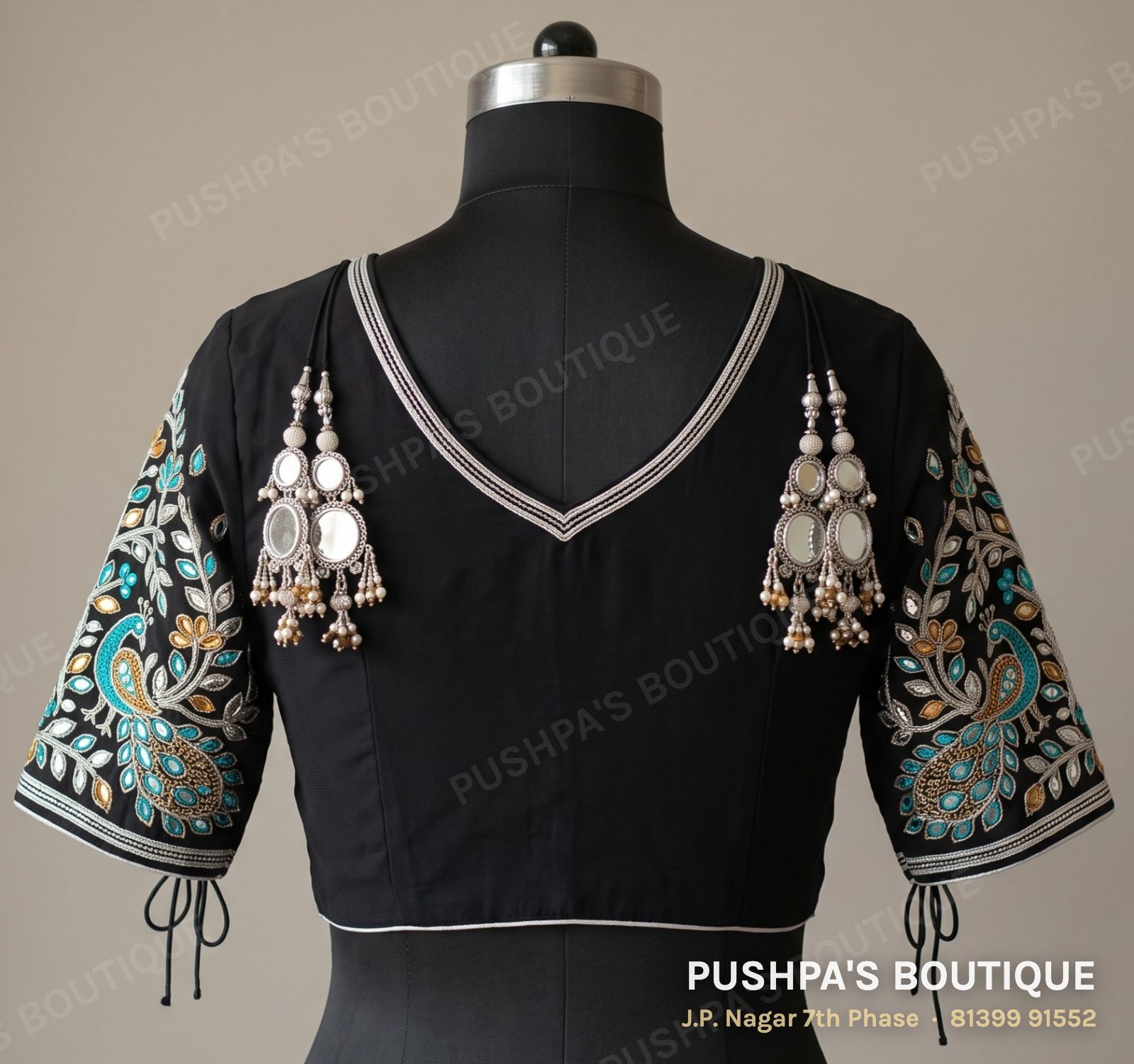 Designer blouse PB-011, V neck, dori back, elbow sleeve