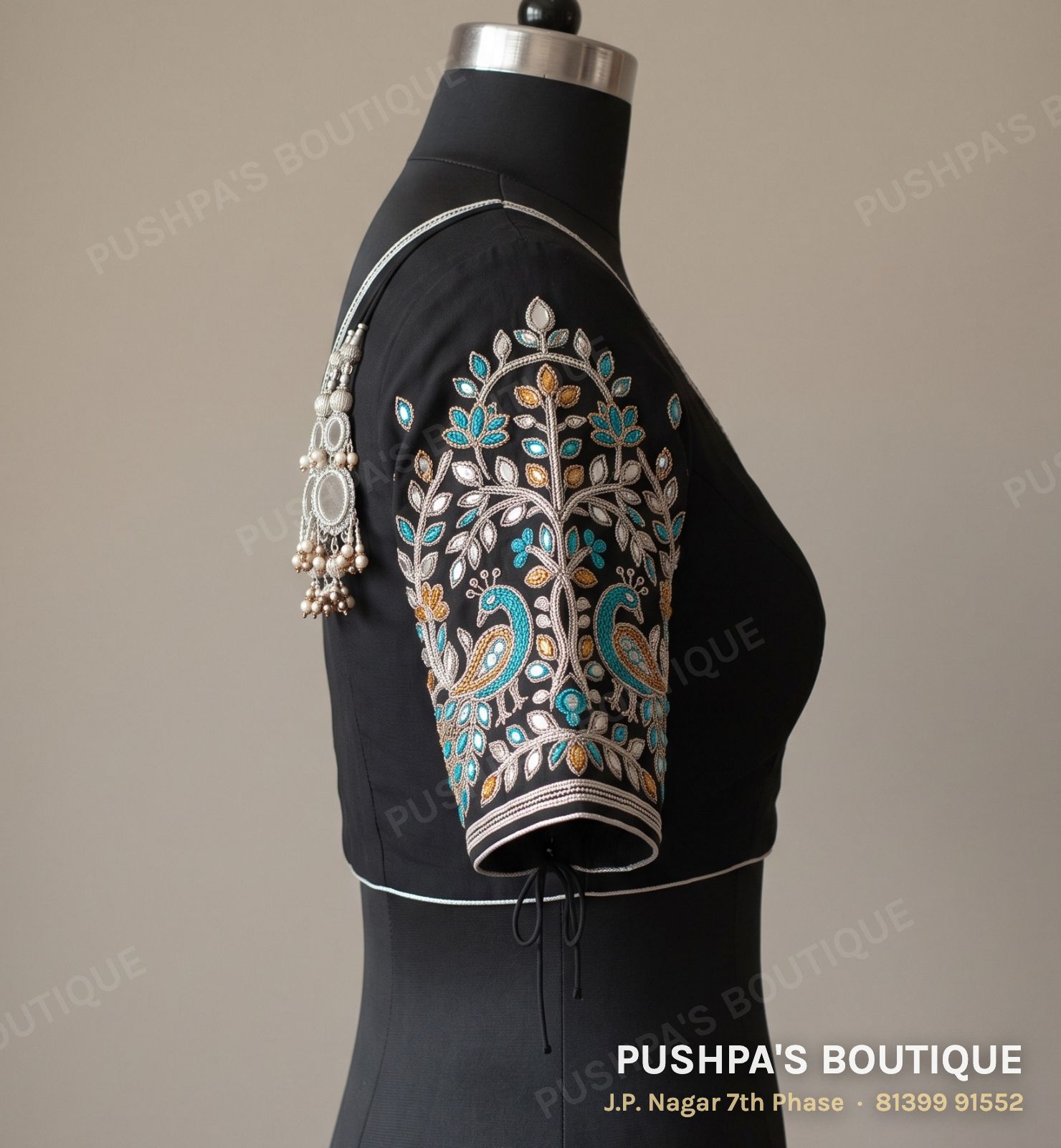 Designer blouse PB-011, V neck, dori back, elbow sleeve, photo 3