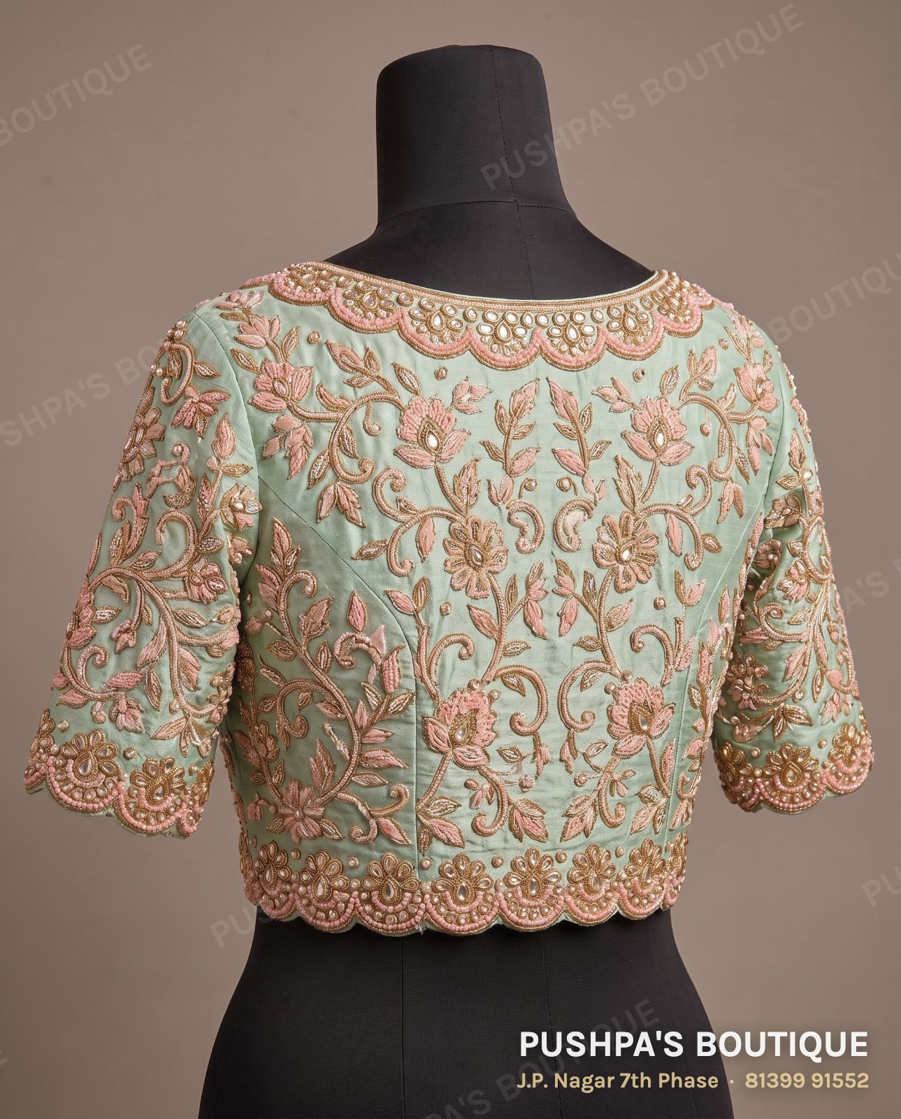 Designer blouse PB-017, boat neck, deep U back, short sleeve, photo 2