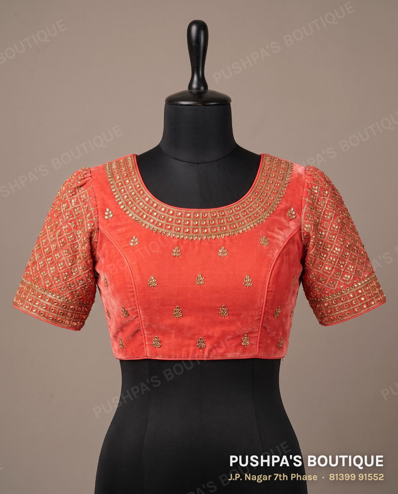 Designer blouse PB-022, round neck, zip back, puff sleeve