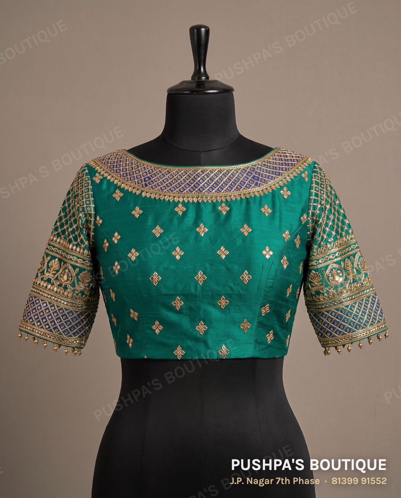 Designer blouse PB-025, boat neck, zip back, three quarter sleeve