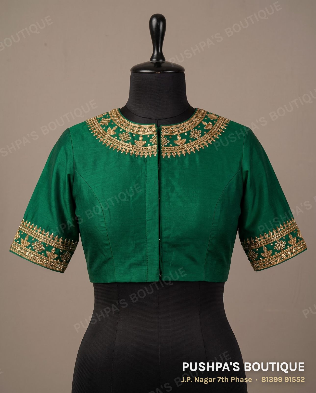 Designer blouse PB-029, high neck, deep U back, short sleeve