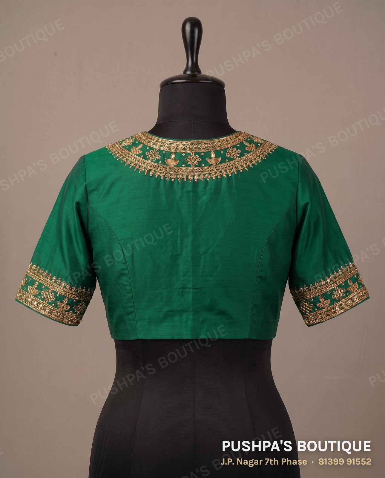 Designer blouse PB-029, high neck, deep U back, short sleeve, photo 2