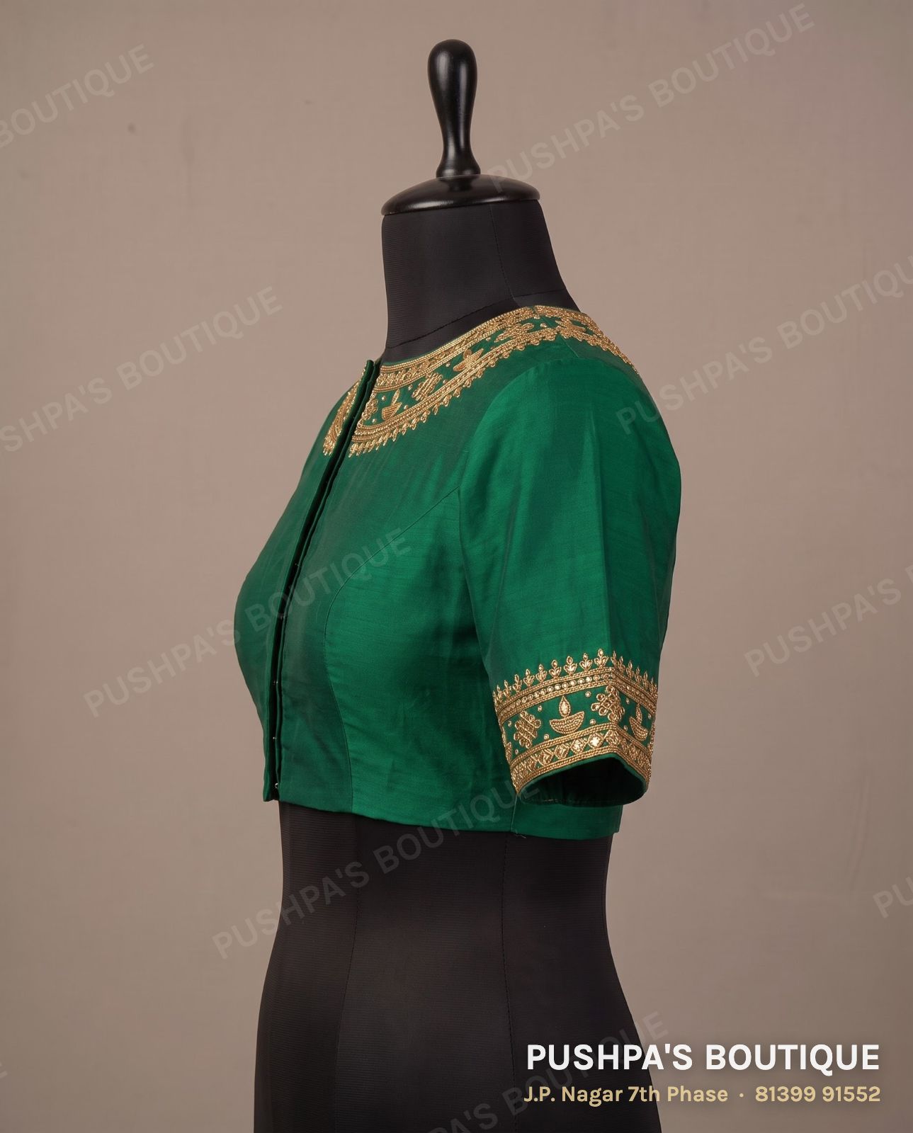 Designer blouse PB-029, high neck, deep U back, short sleeve, photo 3