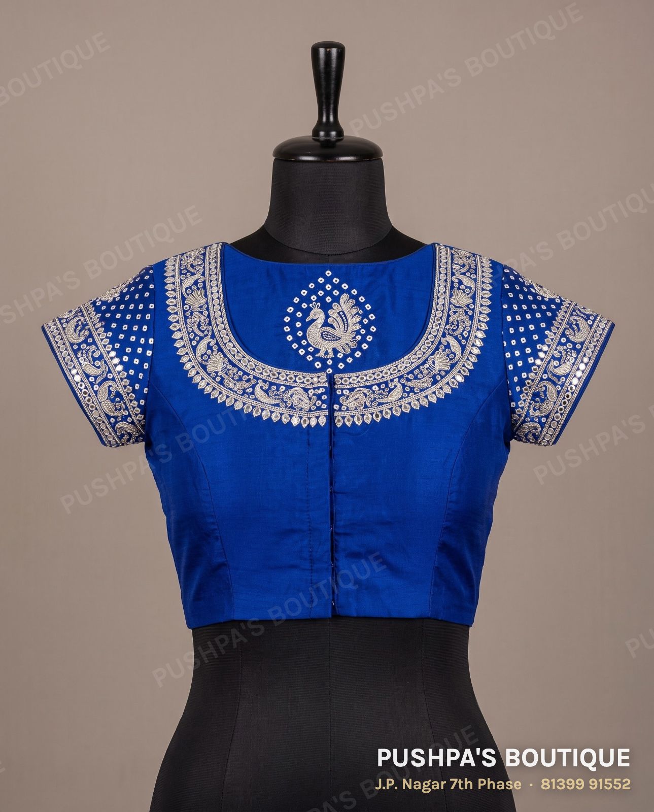 Designer blouse PB-030, round neck, window back, cap sleeve