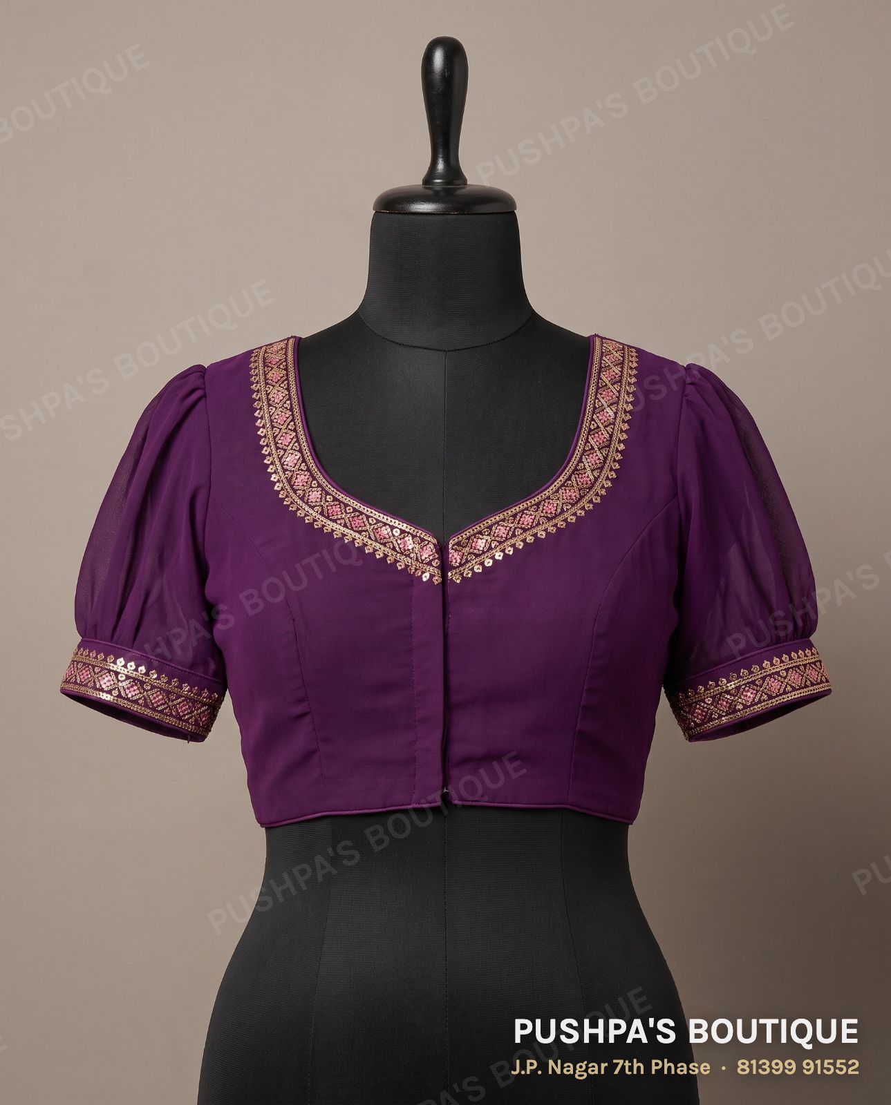 Designer blouse PB-033, deep U back, puff sleeve