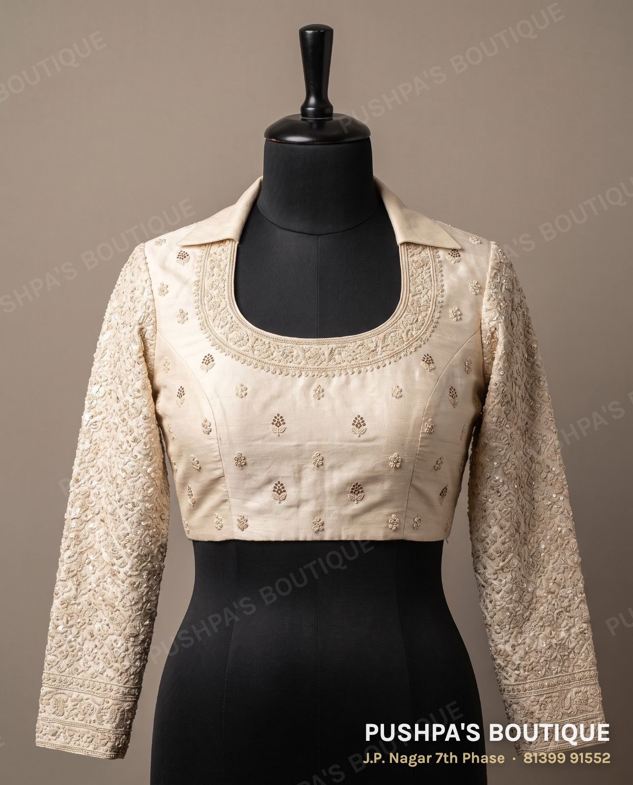 Princess cut blouse with pads PB-047, collar, high back, full sleeve