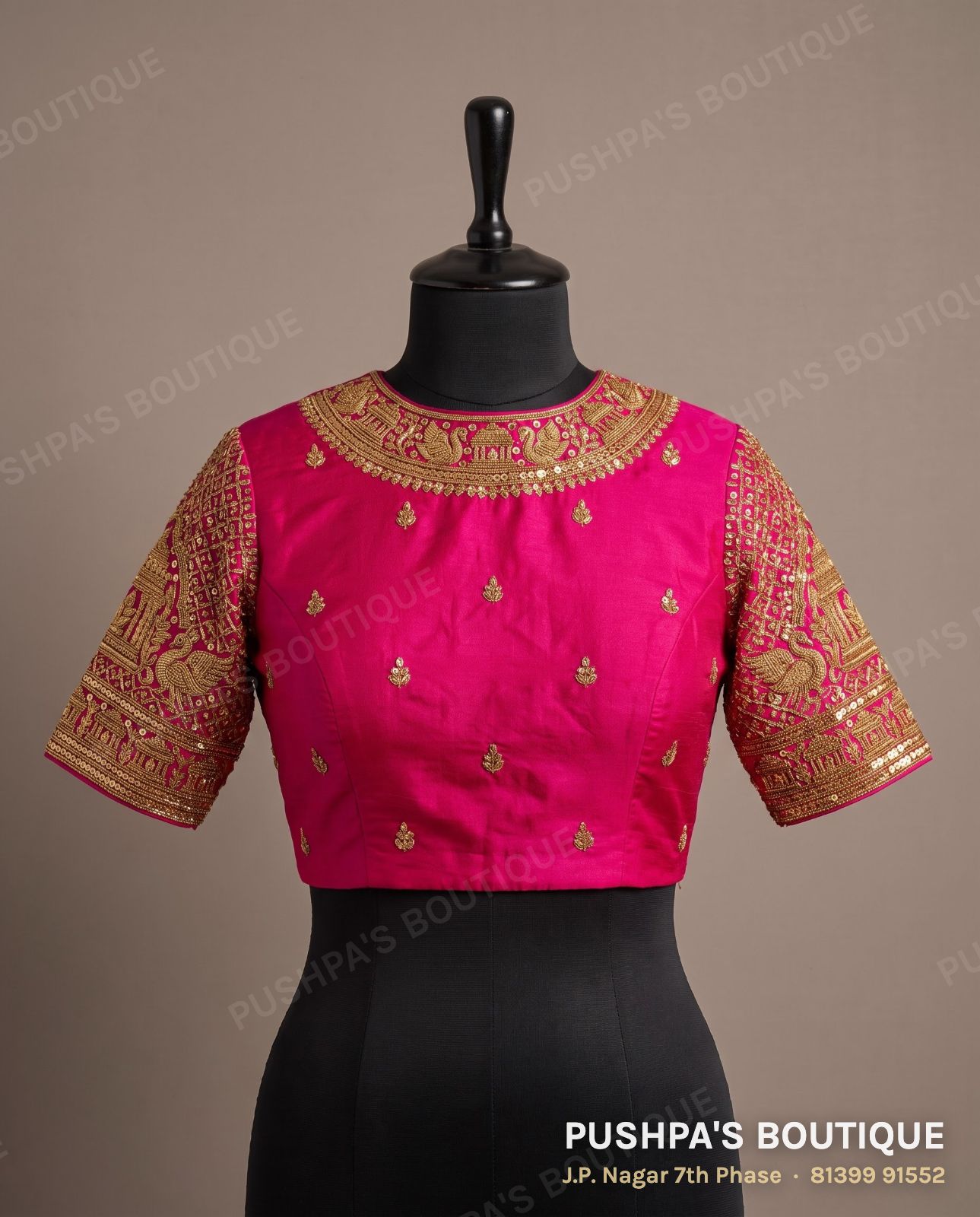Princess cut blouse PB-070, high neck, window back, short sleeve