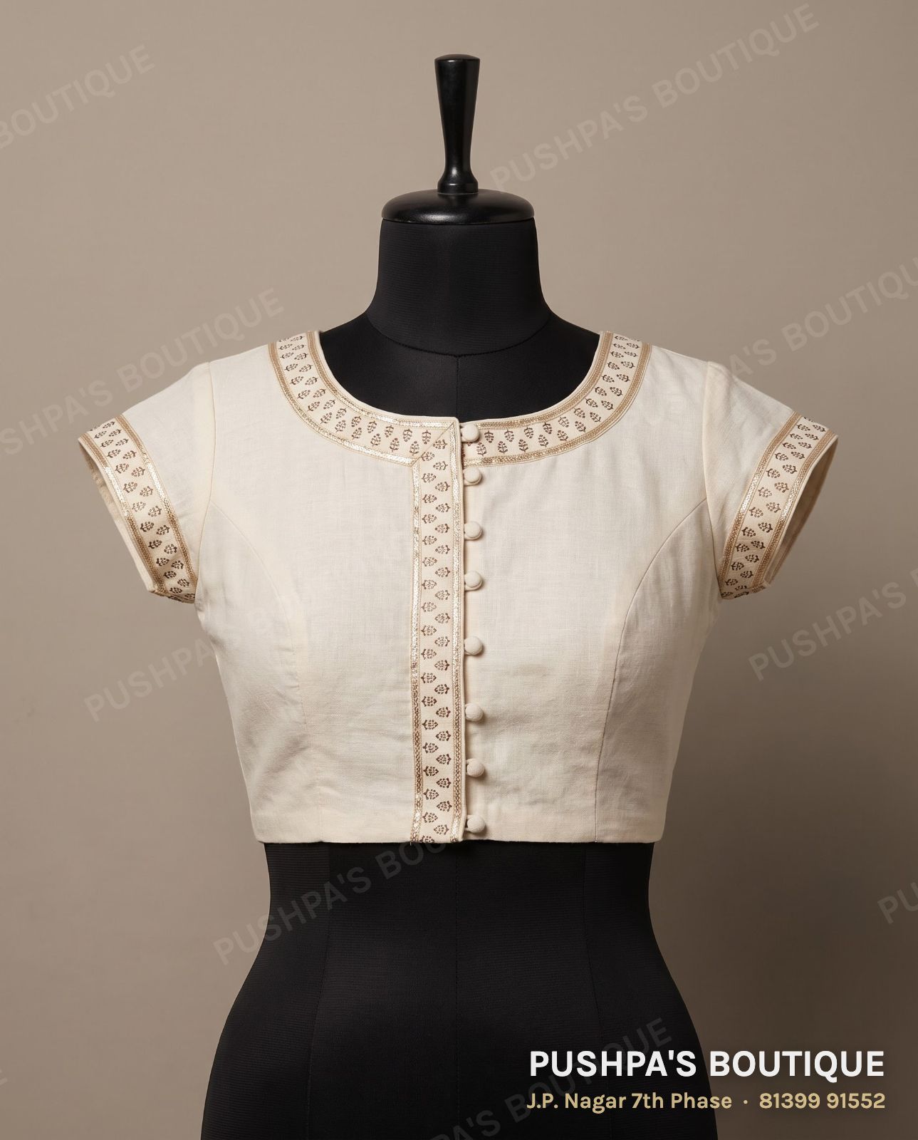 Princess cut blouse PB-071, round neck, button back, cap sleeve