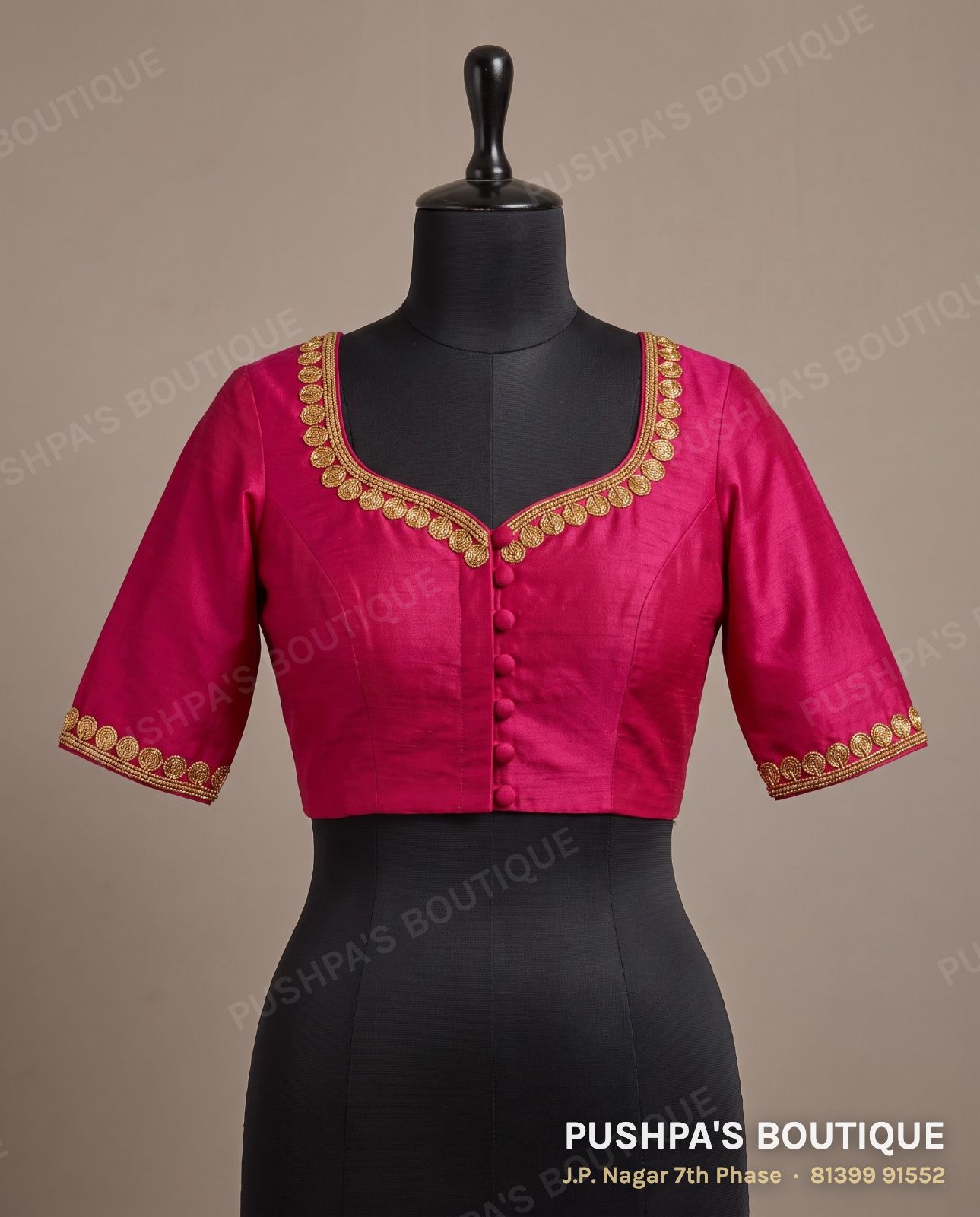 Princess cut blouse PB-075, sweetheart neck, button back, elbow sleeve