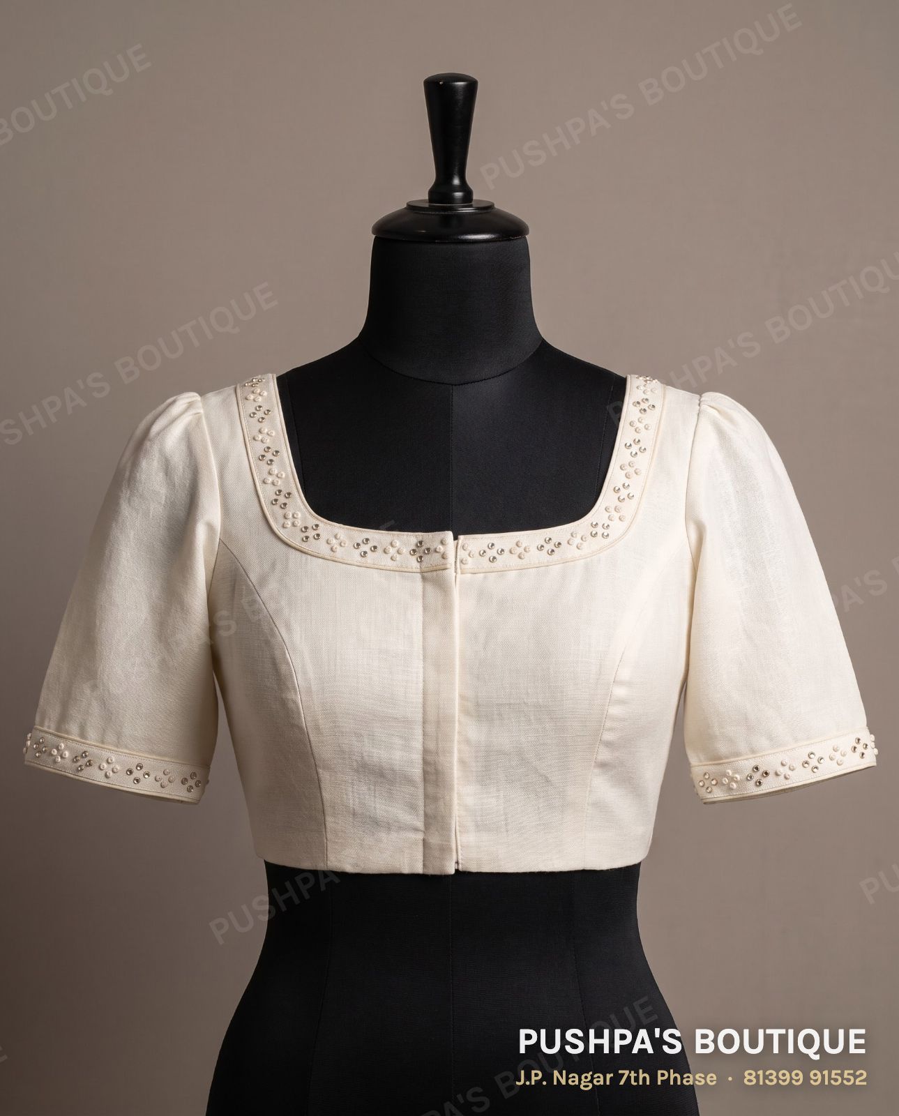Basic blouse PB-087, square neck, deep U back, puff sleeve