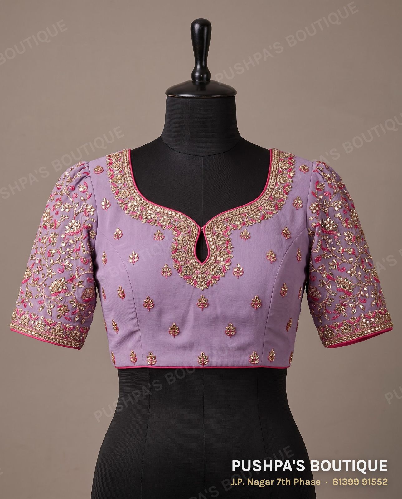 Designer blouse PB-098, sweetheart neck, zip back, puff sleeve