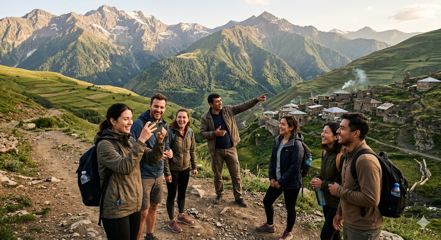 Affordable Azerbaijan group tour with travelers exploring scenic mountains and local villages with a guide during golden hour