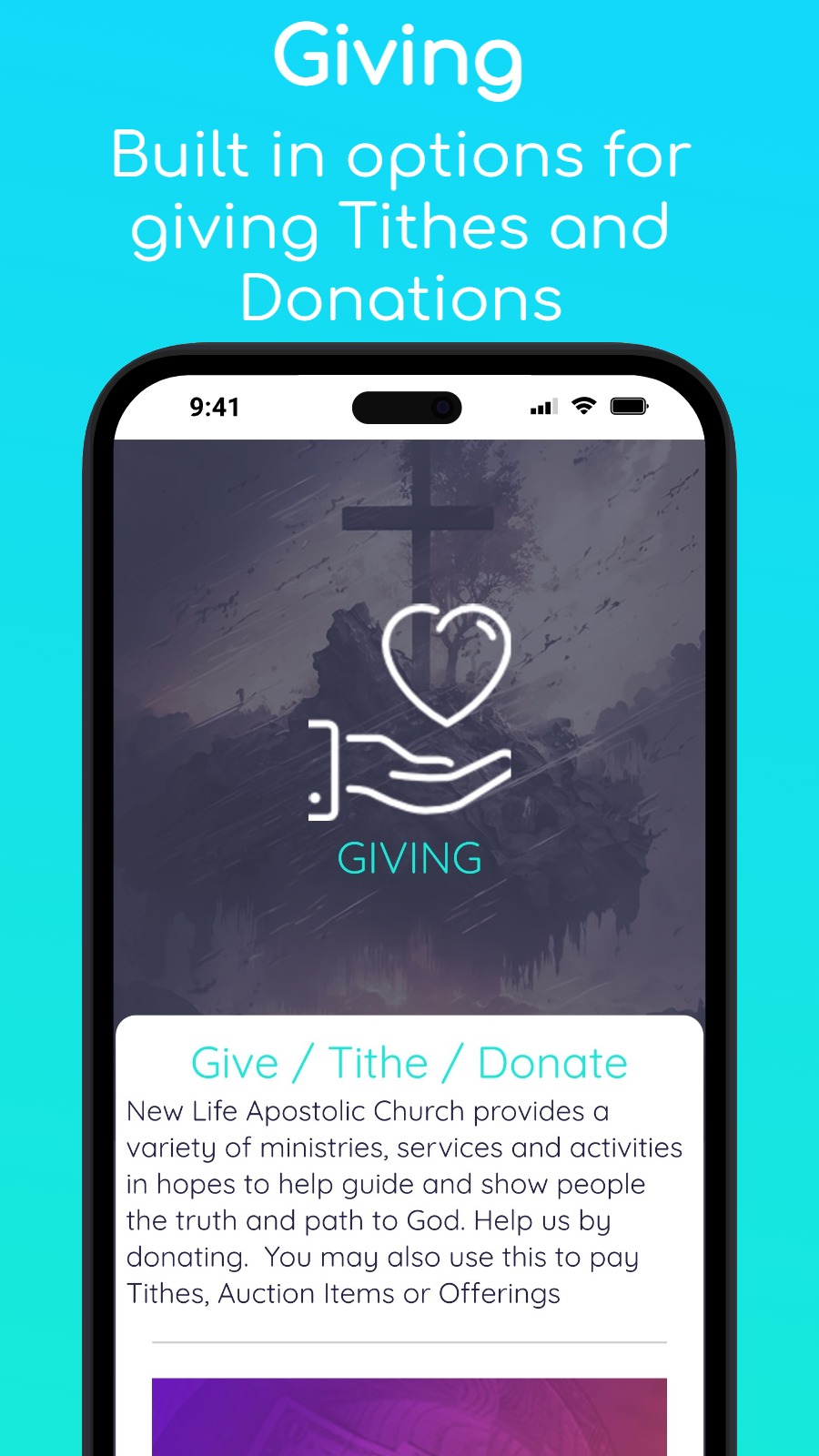 Giving - Built in options for giving Tithes and Donations