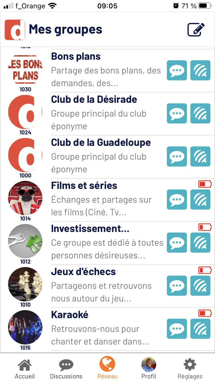 Liste de tes groupes (en mode normal)