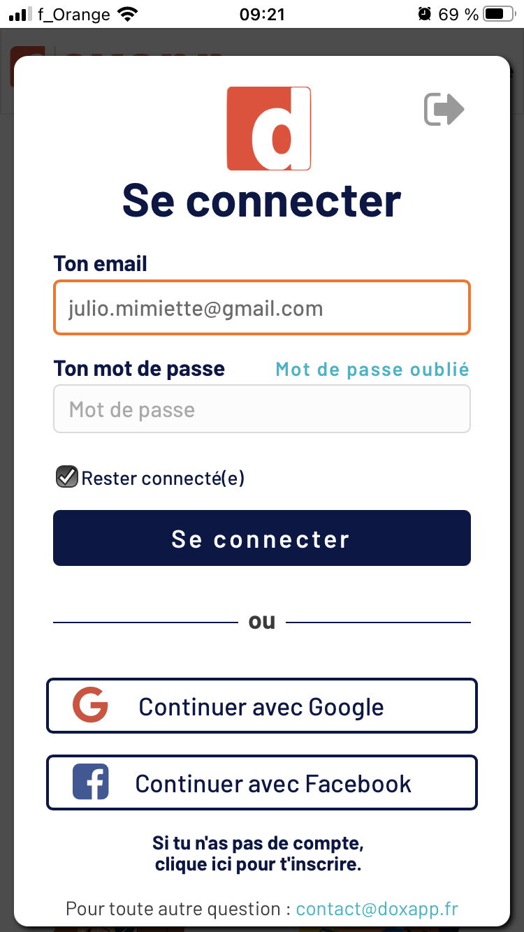 Inscription / Connexion par email, Google ou Facebook