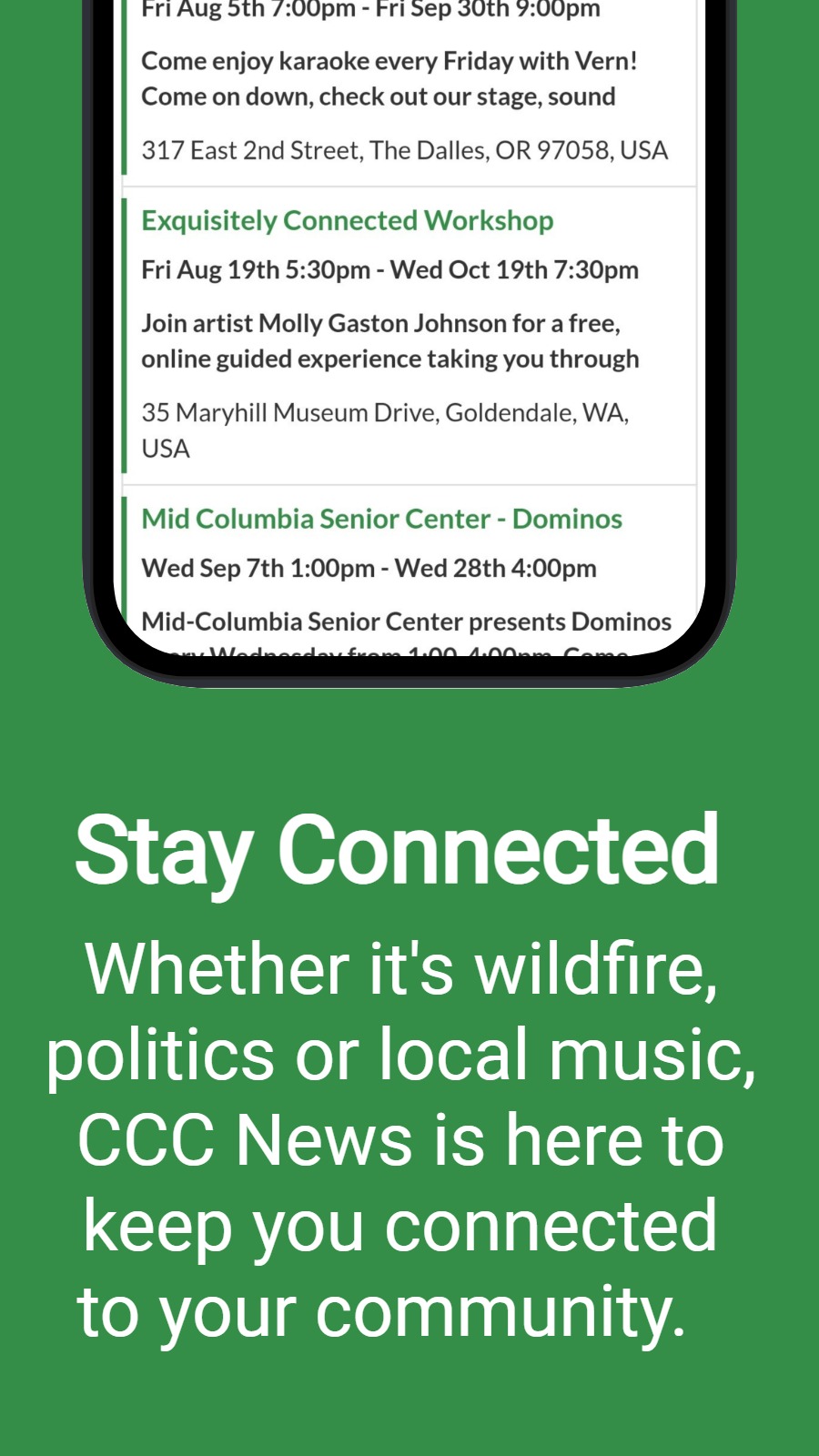 Manténgase conectado: ya sea que se trate de incendios forestales, política o música local, CCC News está aquí para mantenerlo conectado con su comunidad.