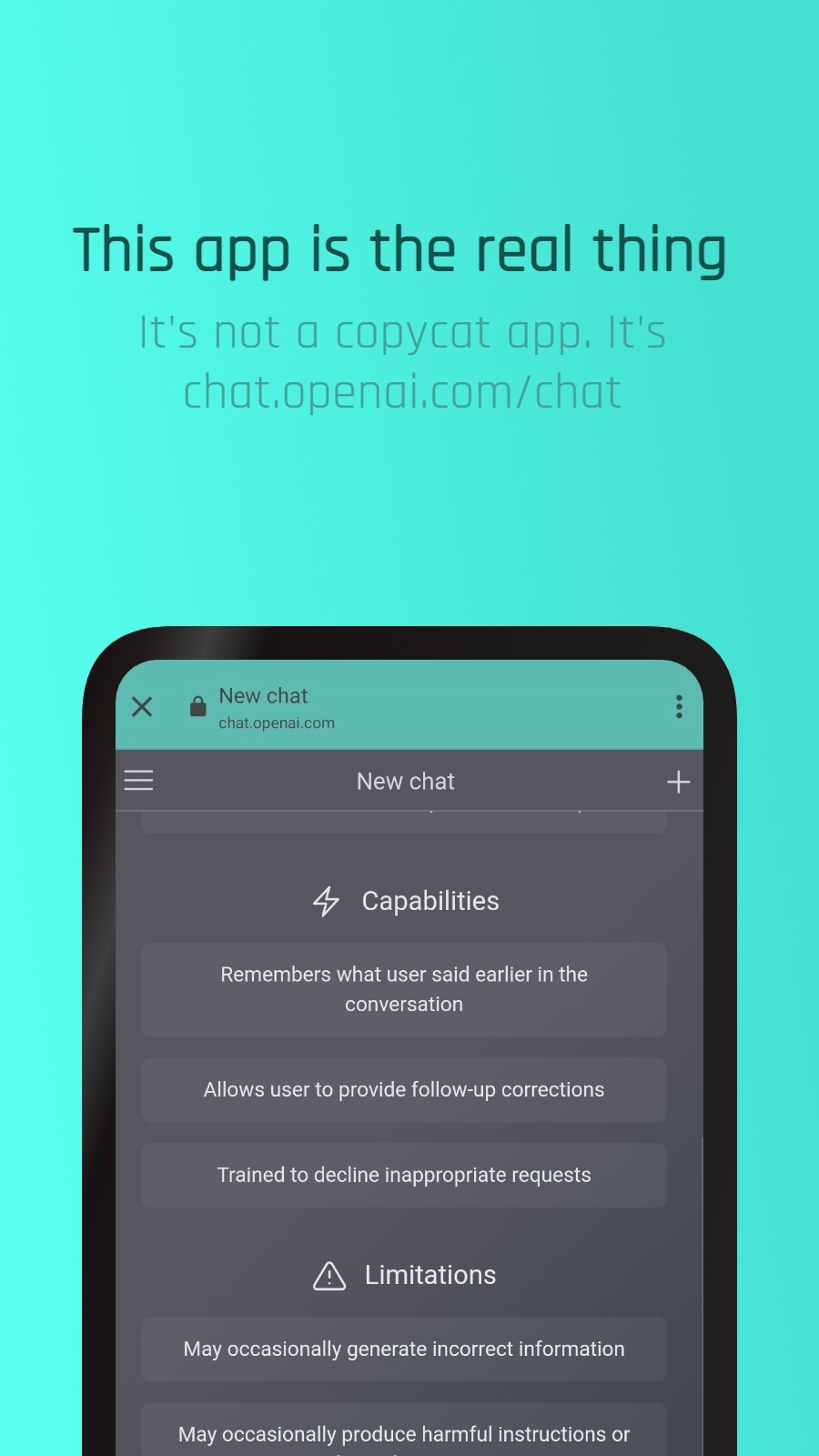 This app is the real thing - It‘s not a copycat app. It‘s chat.openai.com/chat