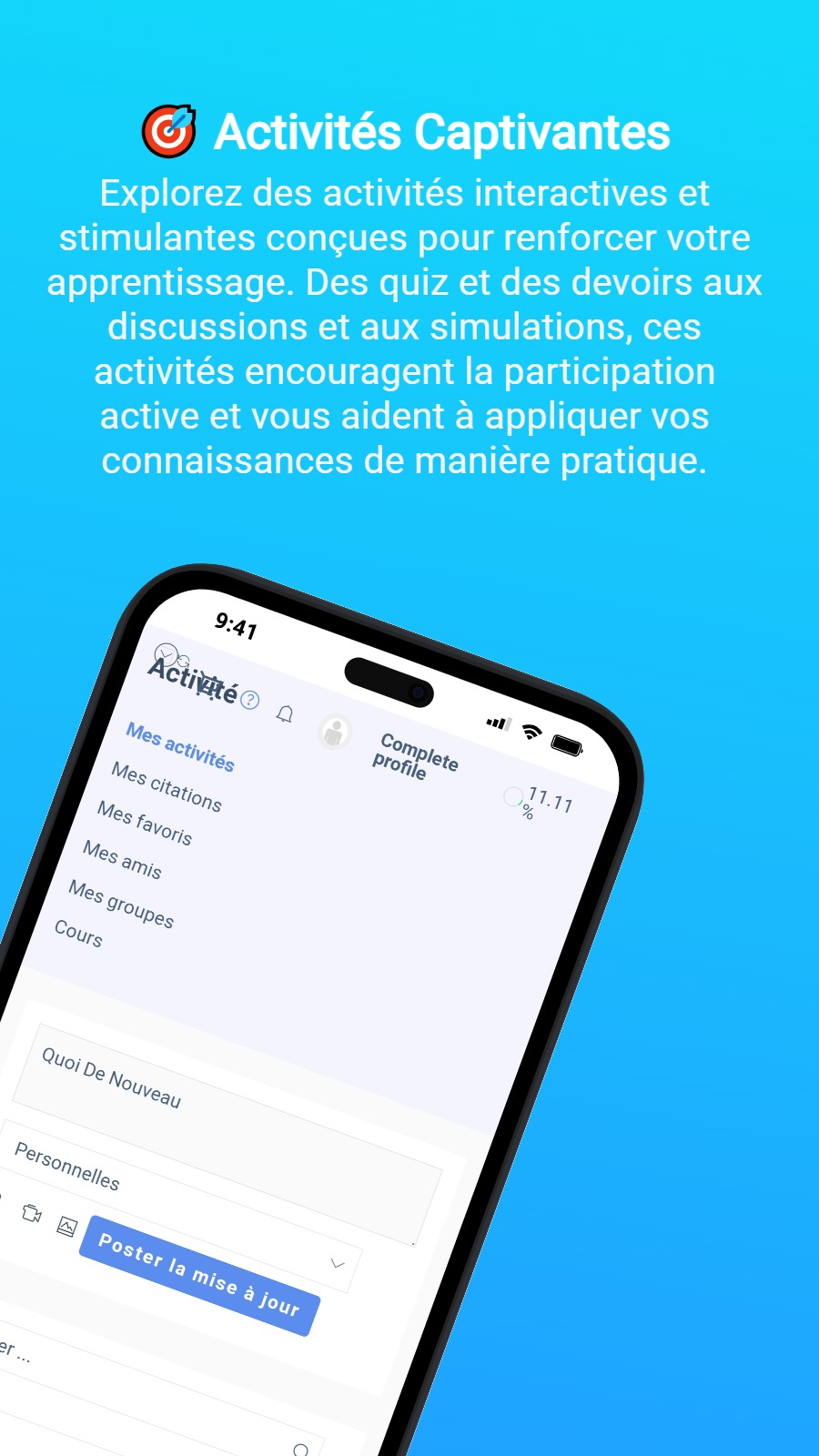 🎯 Activités Captivantes - Explorez des activités interactives et stimulantes conçues pour renforcer votre apprentissage. Des quiz et des devoirs aux discussions et aux simulations, ces activités encouragent la participation active et vous aident à appliquer vos connaissances de manière pratique.