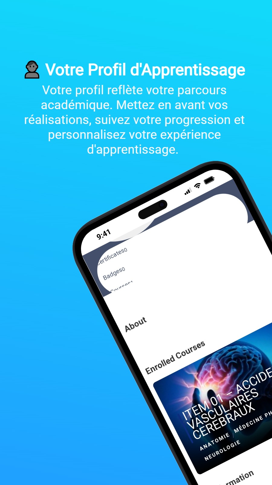 👤 Votre Profil d‘Apprentissage - Votre profil reflète votre parcours académique. Mettez en avant vos réalisations, suivez votre progression et personnalisez votre expérience d‘apprentissage.