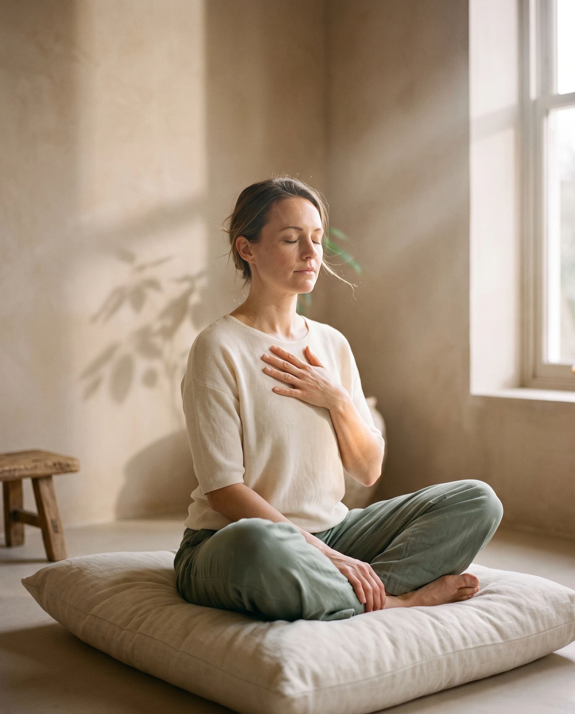 A person seated in soft morning window light, eyes closed, mid-breath