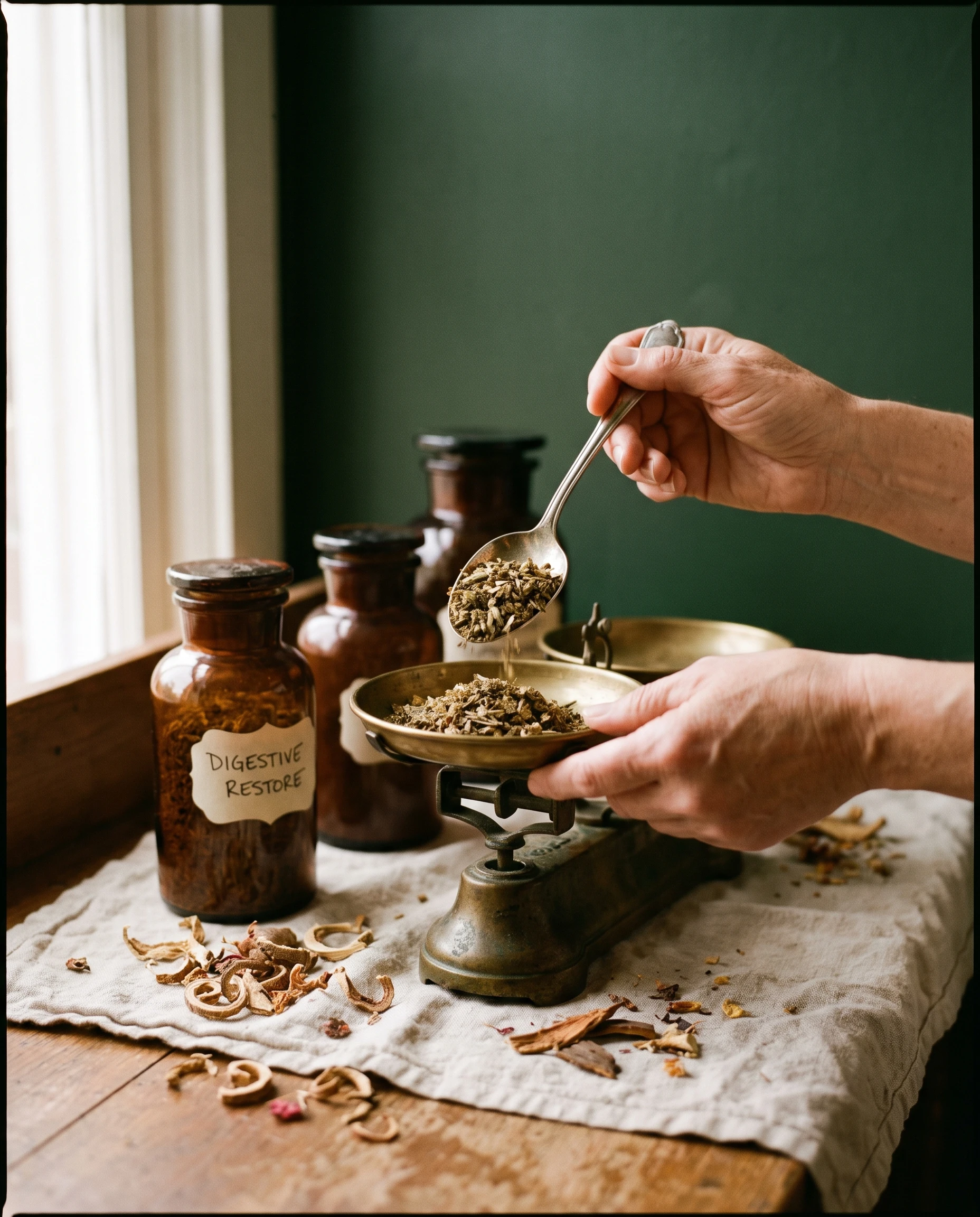 Hands measuring dried herbs on a brass scale among amber apothecary jars