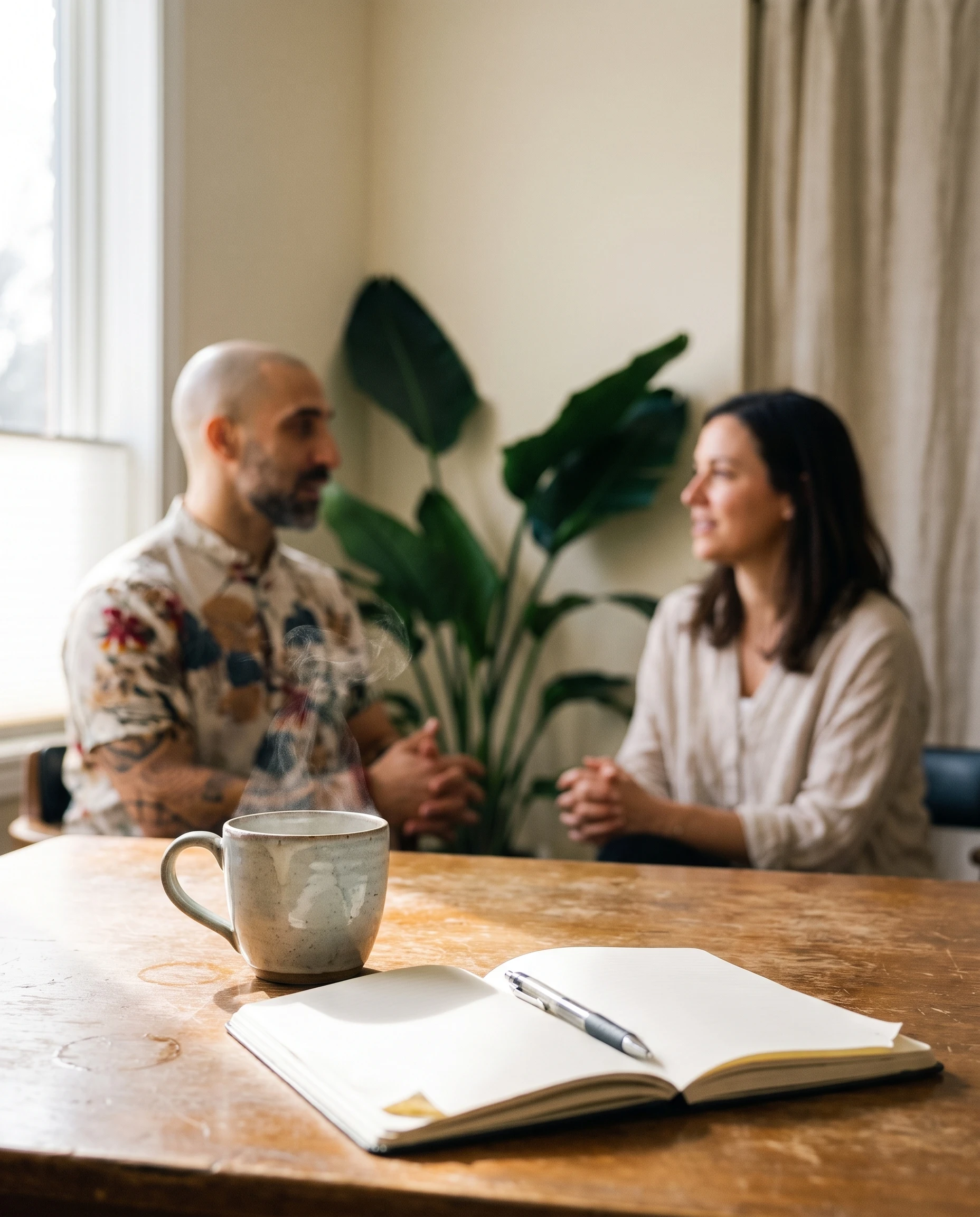 A quiet coaching conversation over tea at a wooden table in morning light